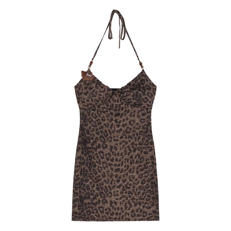 

Leopard print neck sling dress women s summer sweet spice tight short skirt pure desire wind sexy waist hip skirt S