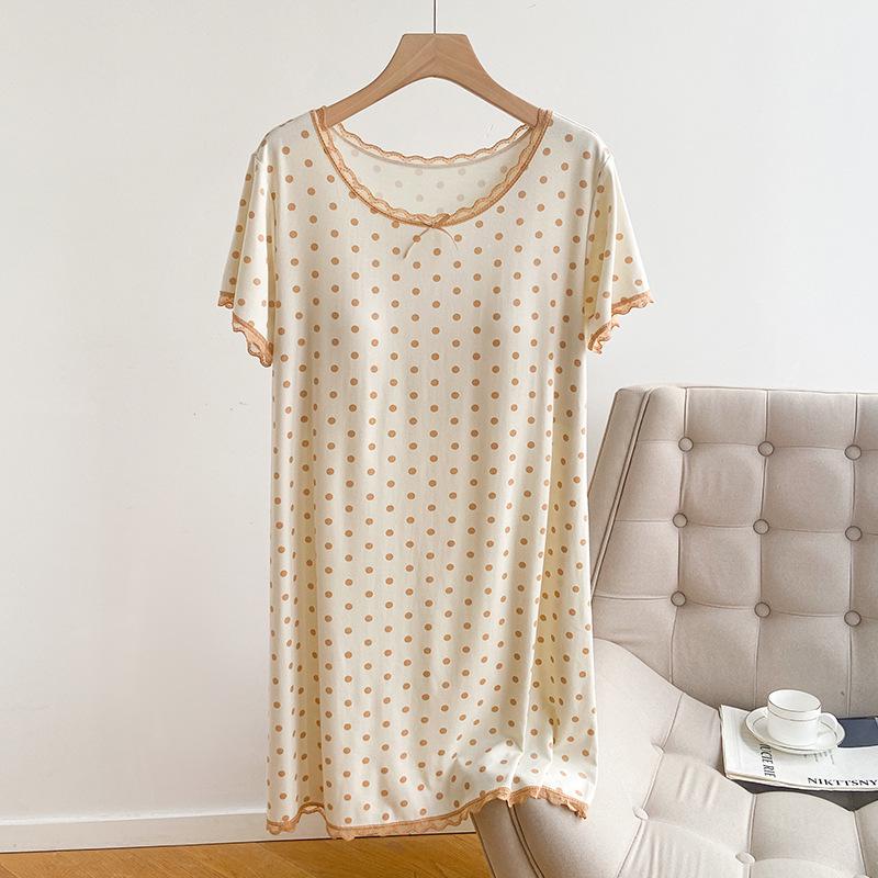 Polka Dot Girly Short Sleeve Modal Nightgown with Lace and Chest Pad