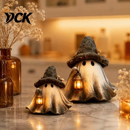 Atmosphärische Halloween-Partyartikel Geist Hexenhut Harzfigur mit LED-Laterne, Vintage Hexe Dekorative Laterne für Spukhaus Halte-Lampe