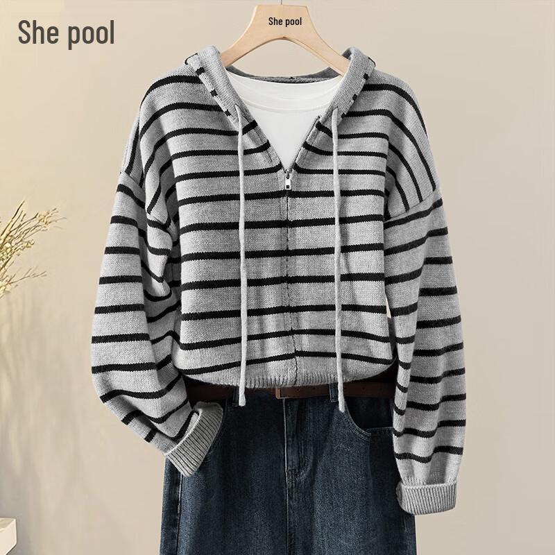 

Women s Contrast Stripe Hooded Zipper Knitted Cardigan One Size