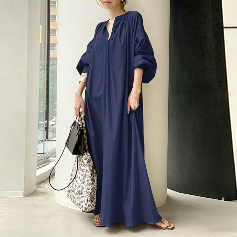 

ZANZEA Women Casual Round Neck Long Sleeve Solid Color Loose Long Dress 5XL