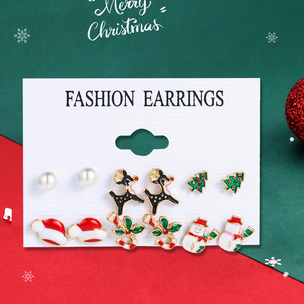 

6 пар рождественских серег Рождественский олень Рождественская шляпа Елка Снеговик Эмаль Мультяшные, Милые и Модные серьги красный