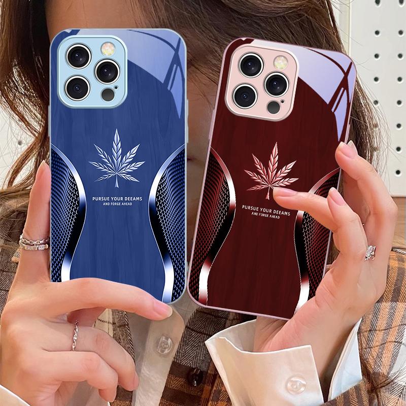 Golden Leaf Wood Grain For IPhone 16 Pro Max 15 Pro 14 13 12 Mini 11 XS M Ax XR 7 8 Plu SE 2022 Tempered Glass Phone Case