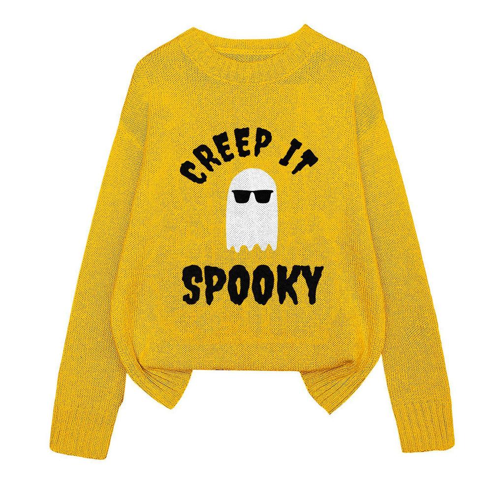 YZH-3 Round Neck Halloween Pullover Sweater with Long Sleeves - Autumn Printed Style