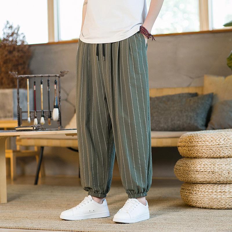 Summer New Large Size Men's Cotton and Linen Striped Nine-point Pants Men's Fashion Chinese Pants