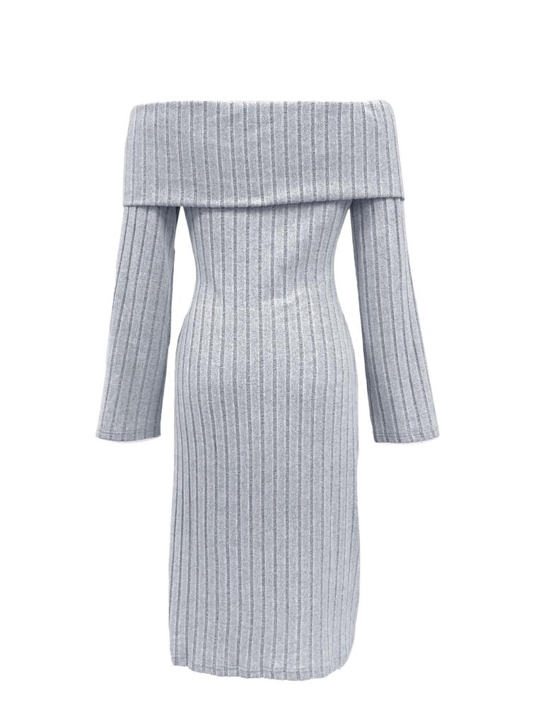 2023 Women's Off-Shoulder Slit Knitted Dress - Long-Sleeved Autumn/Winter Fashion for Europe and America