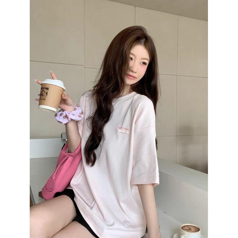Kumikumi Sweet Cartoon Print Short sleeve T-shirt Women Summer Niche Casual Loose Pink round Neck Top