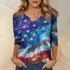 Top alla moda vintage a maniche a 3/4 per donna, Maglietta a blusa casual da donna con stampa a maniche a tre quarti e scollo a V
