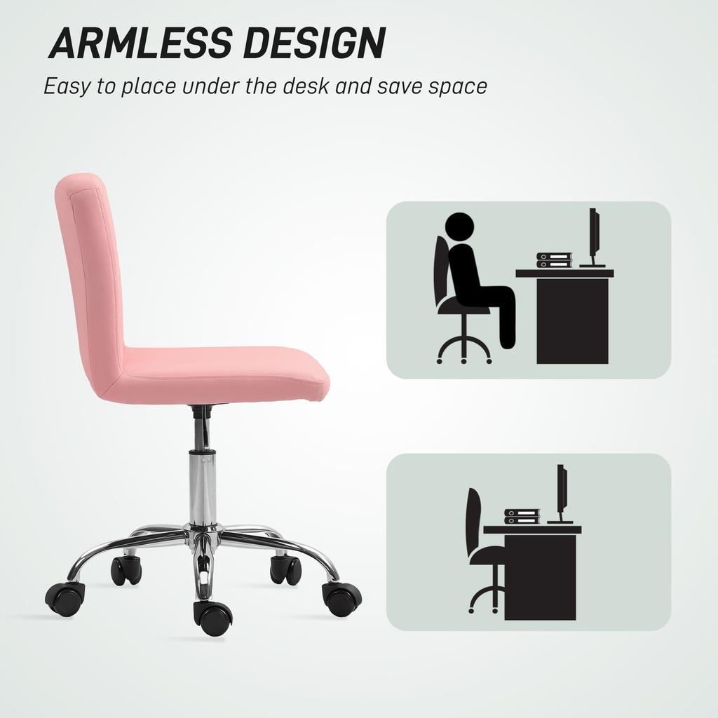 PU Leather Armless Office Chair, Modern Vanity Computer Swivel Chair with Rolling Wheels and Adjustable Height for Home Study, Bedroom, Pink