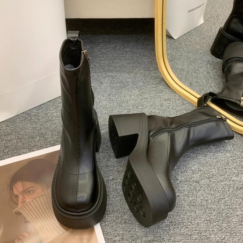 Platform Block Heel Single Boots Women'S Fashion Round Toe Side Zipper Anti-Slip Wear-Resistant Mid-Cylinder Skinny Boots