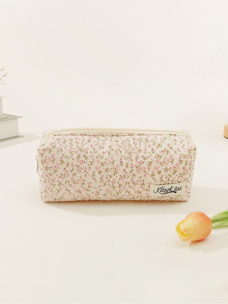 Cute Floral Cotton Pen Pouch Makeup Bag Travel Organizer With Stitching Red/yellow/pink