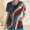 Women Plus Size Printed Nurse Scrub Top V Neck Short Sleeve With Front Pockets