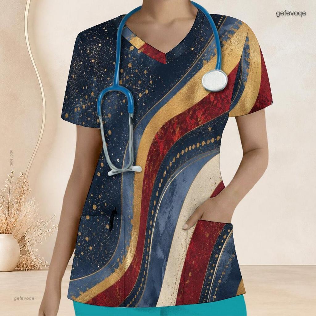 Women Plus Size Printed Nurse Scrub Top V Neck Short Sleeve With Front Pockets
