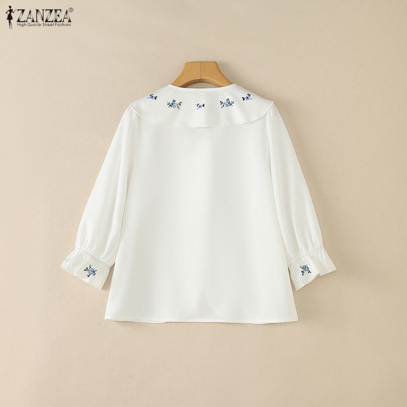 ZANZEA Women Ruffles V-Neck Loose Casual 3/4 Sleeve Floral Print Blouse