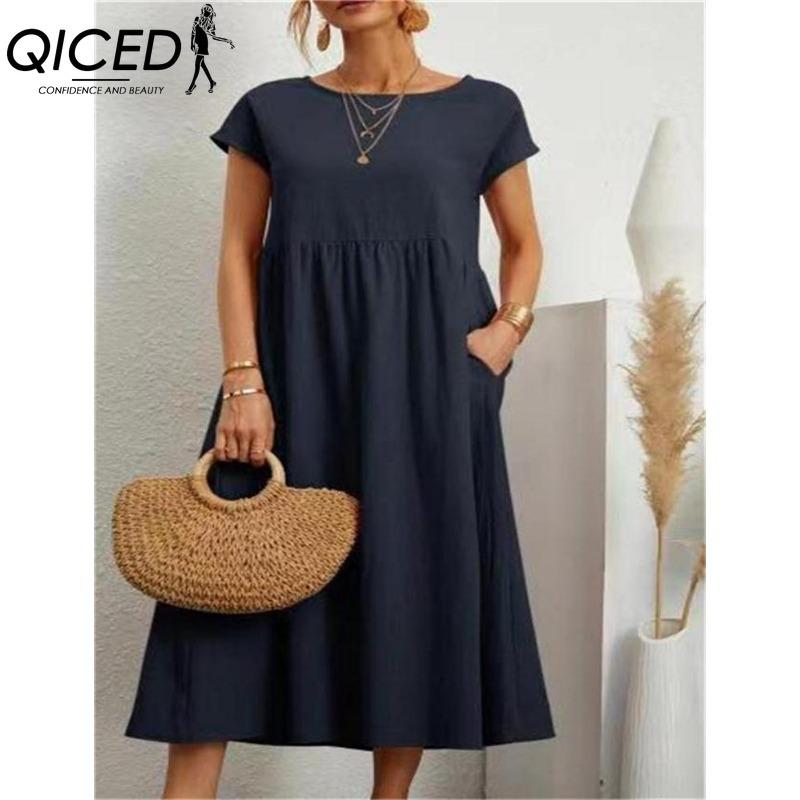 QICED Women's Fashion Summer Spring Solid Color Print O-Neck High Waist Casual Dresses