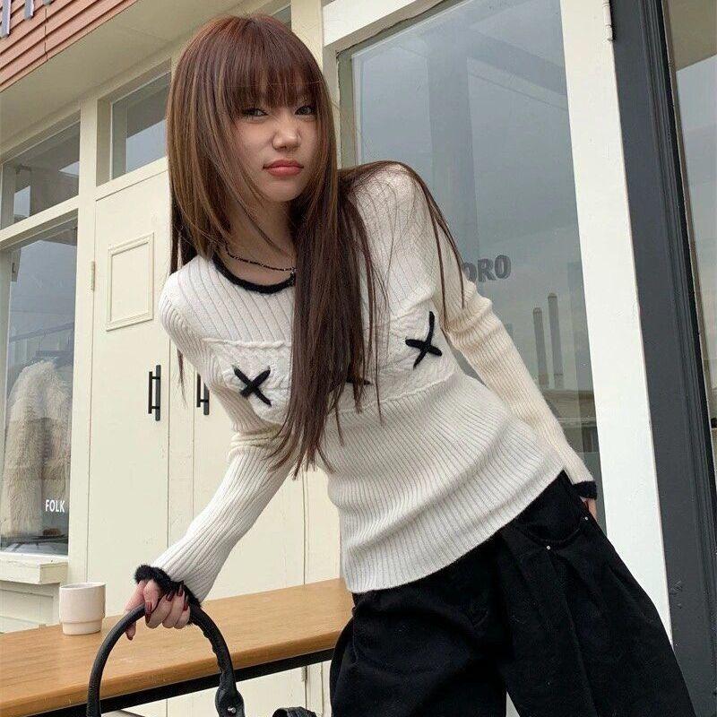 Koreanischen Stil Elegante Pullover Süße Vintage Langarm Strick Pullover Herbst Winter Patchwork Pullover Ästhetik