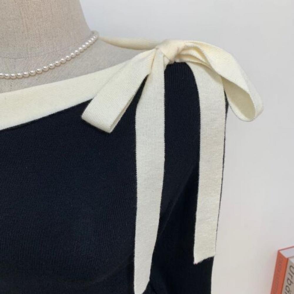 C S In The Room Bow Tie Boat neCk Long Sleeve Knit 2Color