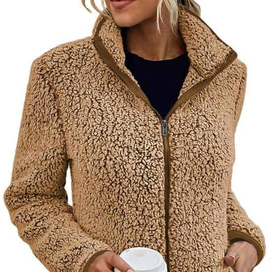 Stand Collar Long Sleeves Pockets Zipper Closure Fluffy Coat Women Autumn Winter