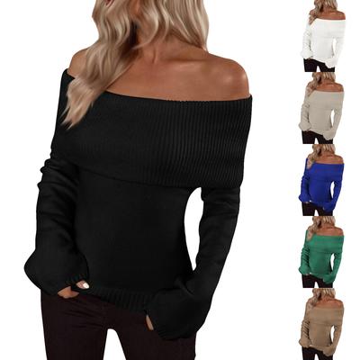 Pullover Jumper Tops Womens Off Shoulder Fold Over Sweater Knit Fall Sweaters