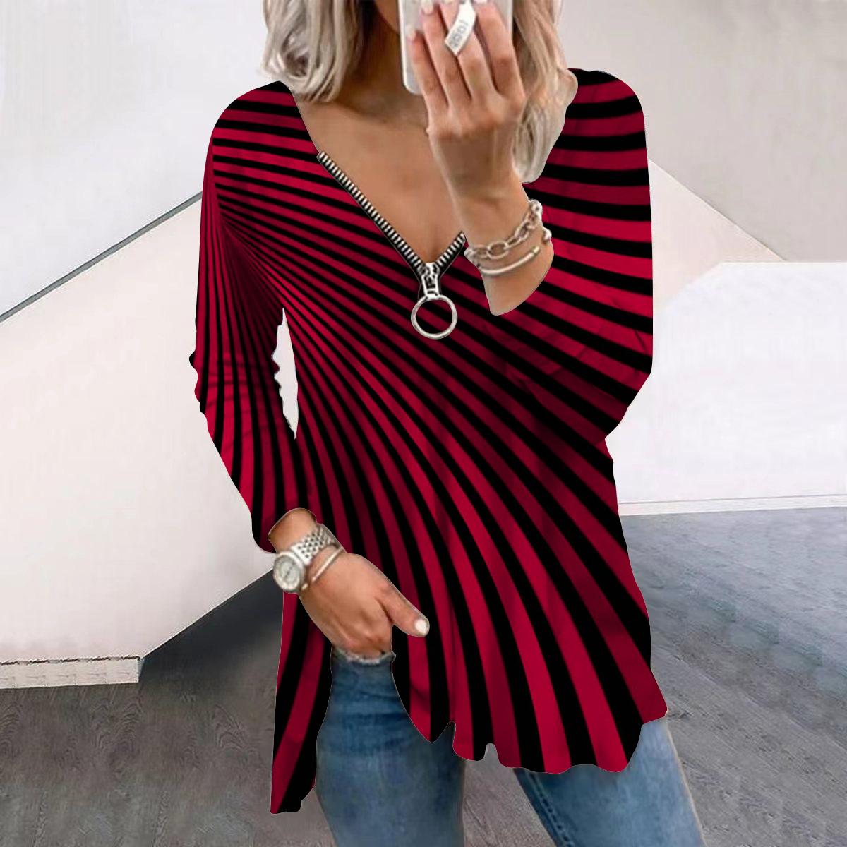 

Жіночі осінні креативні футболки з довгими рукавами з друкованими діагональними лініями, вільні футболки з v-подібним вирізом, плюс розмір, зручна блуза 8XL червоний