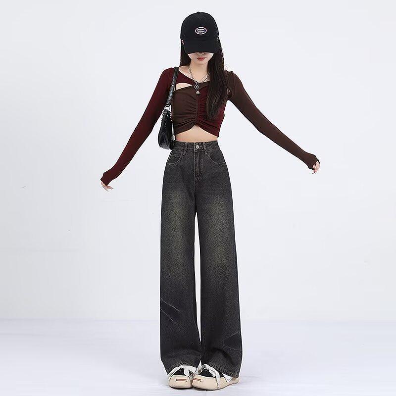 

Джинсы с высокой посадкой и широкими штанинами в корейском стиле - Женские облегающие весенне-осенние, маленький размер, уличные прямые штанины 3XL