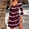 Women's Fashion Casual V-Neck Striped Plaid Print Pocket Three-quarter Sleeve Dress