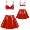 Womens Wet Look Patent Leather Set Wire-free Bra Top with Zipper Flared Skirt for Lingerie Night Club