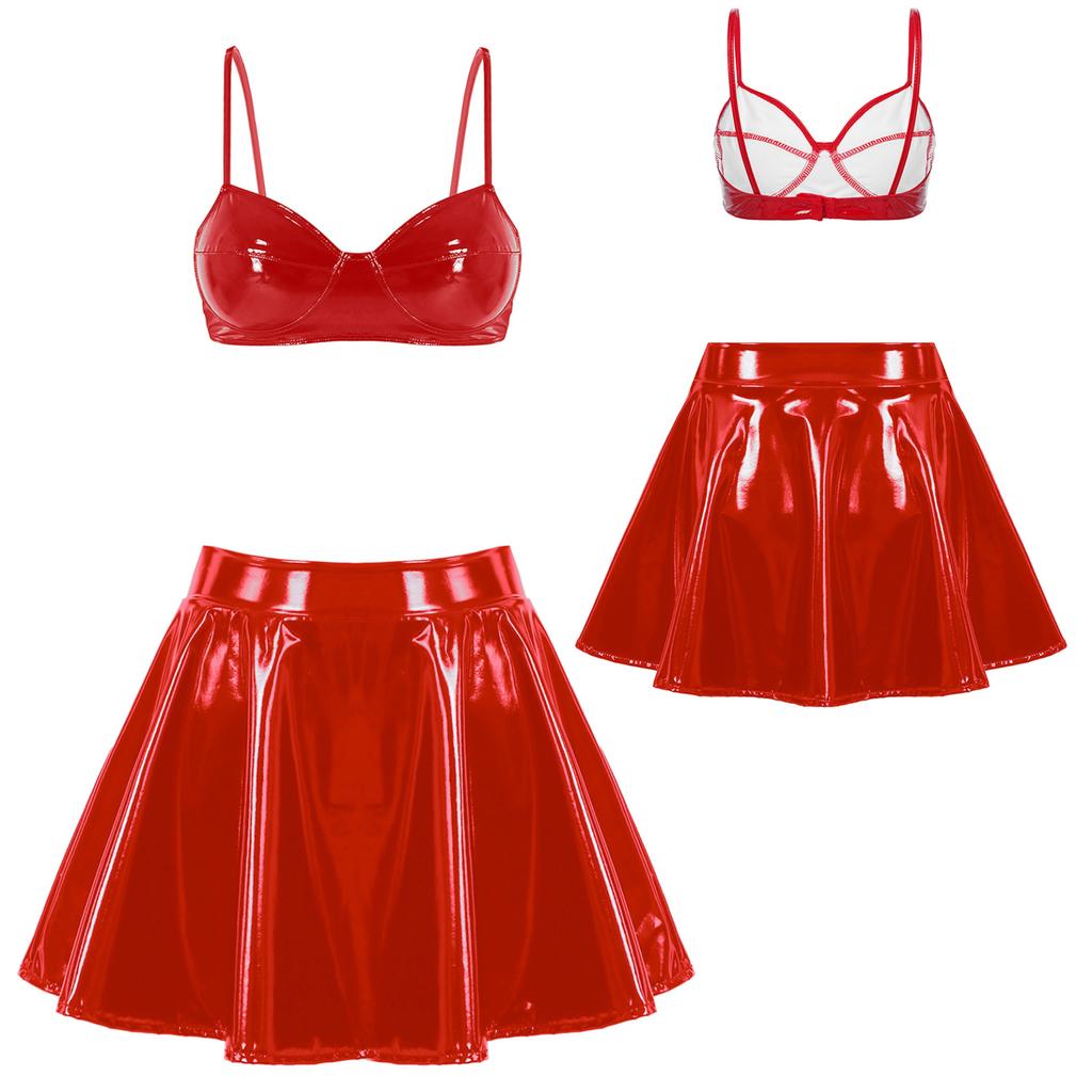 Womens Wet Look Patent Leather Set Wire-free Bra Top with Zipper Flared Skirt for Lingerie Night Club