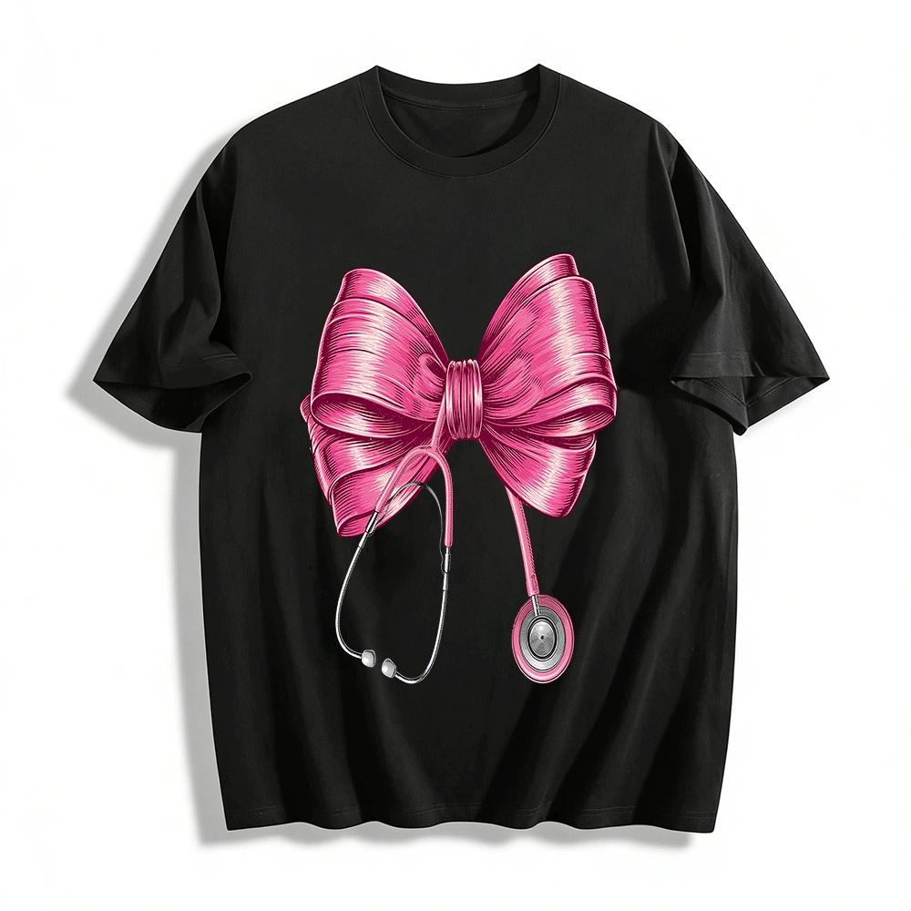 Breast Cancer Awareness Stethoscope Bow Print Top Pure cotton T-shirt XXS