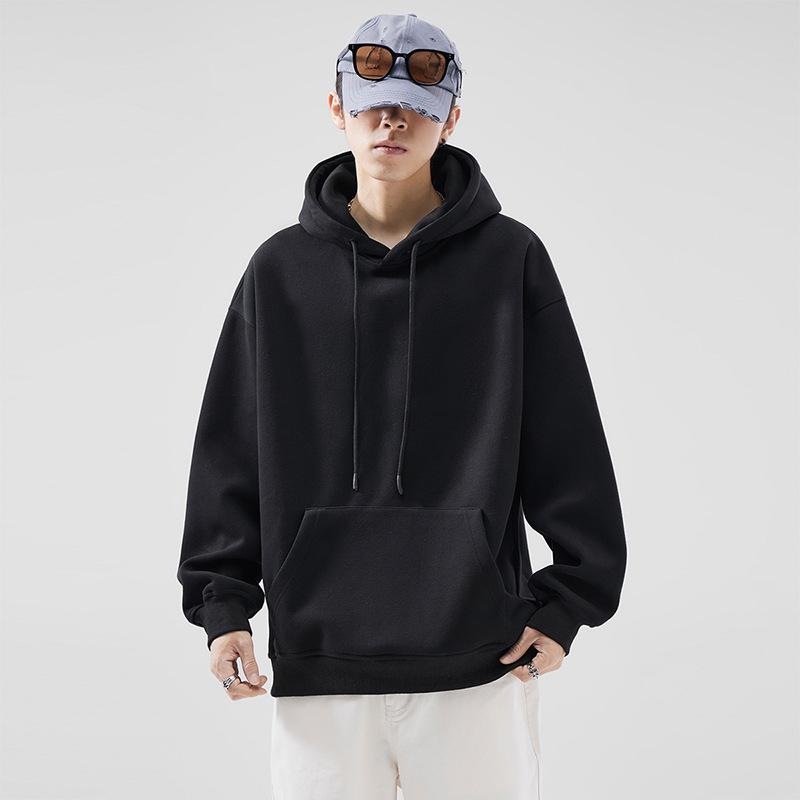 Мужской весенне-осенний однотонный худи оверсайз с круглым вырезом и капюшоном XS чёрный 1280₽