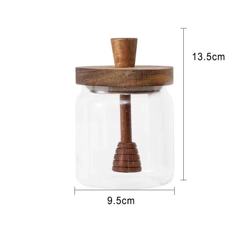 Honey Jar High Borosilicate Glass Sealed Tank Mixing Rod with Wooden Cover Transparent Honey Bottle Kitchen Storage Containers