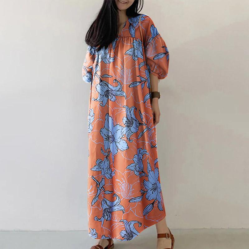 

ZANZEA Женское летнее платье с V-образным вырезом, рукавом 3/4, свободного кроя, с повседневным принтом