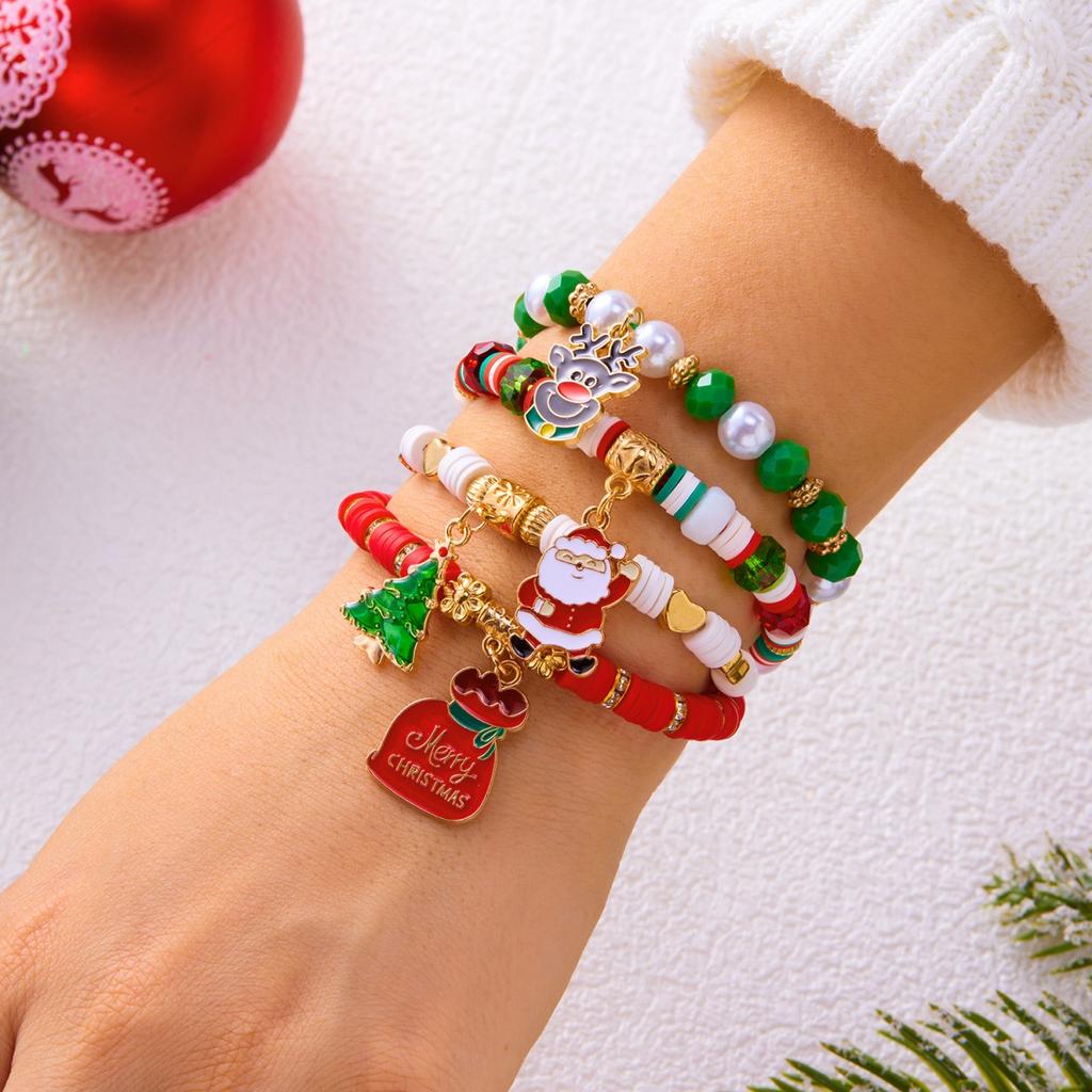 Christmas Santa Claus Deer Braided Bracelet Tree Snowflake Crystal Imitation Pearl Soft Clay Bead Bangles For Women Men Jewelry