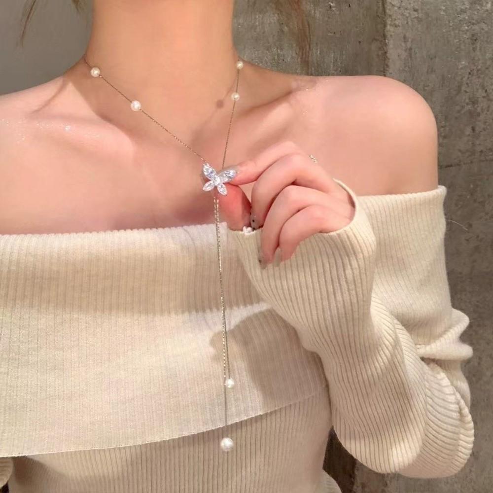 Metal Chain Butterfly Necklace Flower Tassel Collarbone Chain Simple Pearl Choker  Gift