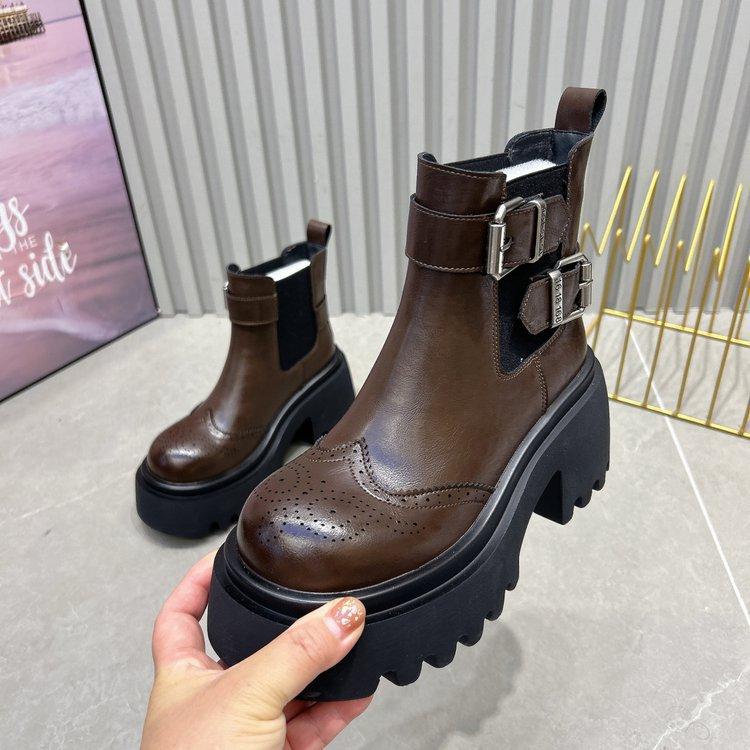 Cowhide Version~ Martin Boots Women's British Style Autumn and Winter Versatile Engraved Buckle Foot Short Boots Thick Heel Thick-soled Cigarette Boot