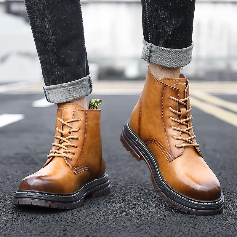 Fashion thick-soled Martin boots men's autumn high-top tooling short boots fleece warm soft-soled boots tide