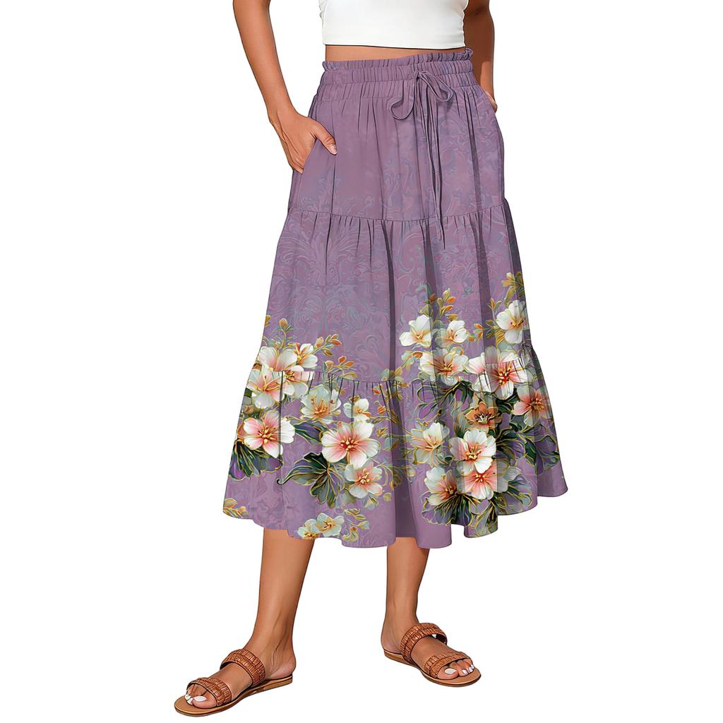 Womens Maxi Skirt Drawstring High Waisted Summer Long Skirts Lightweight Tiered Flowy Floral Pleated Skirts