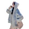 Autumn and winter new blue hooded top women's coat fur fur coat loose warm thickened medium and long