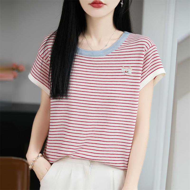 Round-neck Knitted Short-sleeved Women's Summer New Style Multi-color Striped Little Horse Base Layer T-shirt