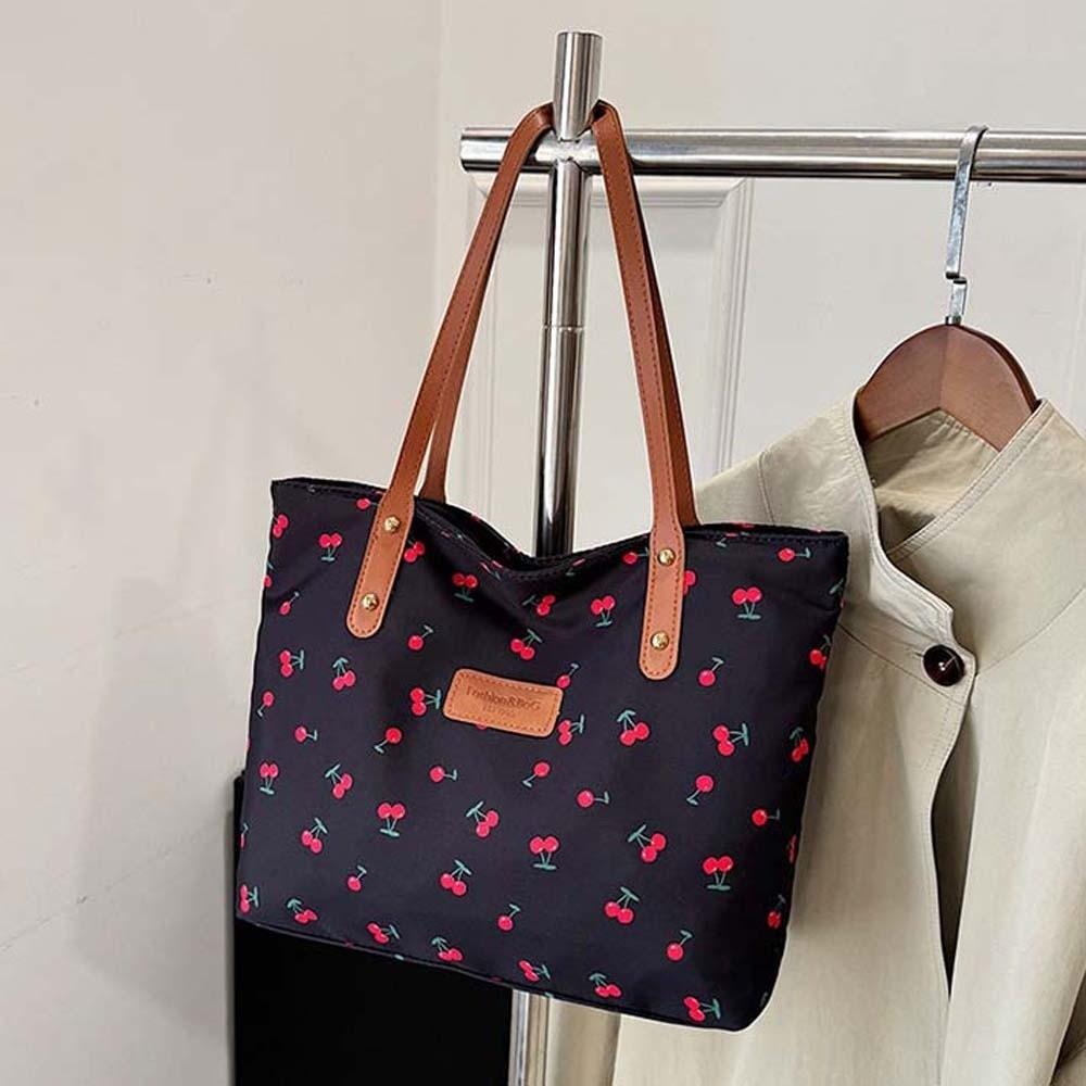 Korean Style Cherry Printed Tote Bag Large Capacity Lightweight Patterned Canvas Handbag Solid Color Trendy Women Shoulder Bag
