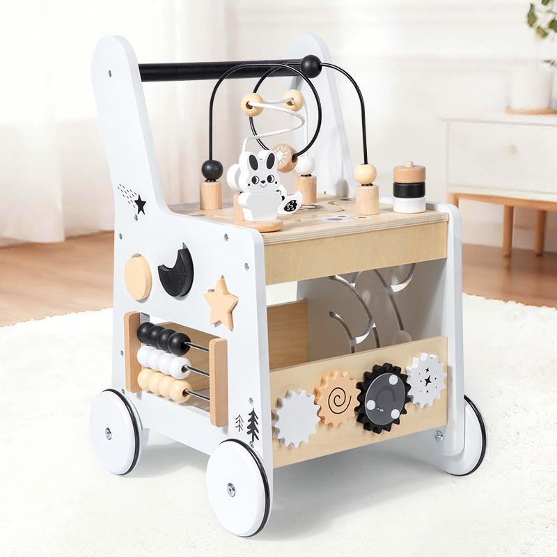 Multifunctional Wooden Baby Walker: Educational Push Toy for Early Learning and First Steps, Ideal First Birthday Gift. Black and White Cubic Walker-HJ