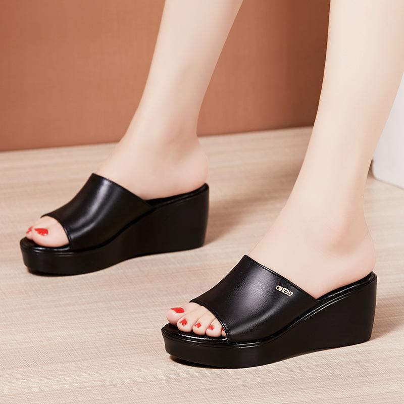 6cm Small Big Size 32-43 Comfortable Thick Bottom Platform Wedges Slippers 2025 Summer Med Heels Soft Leather Slides Office Mom