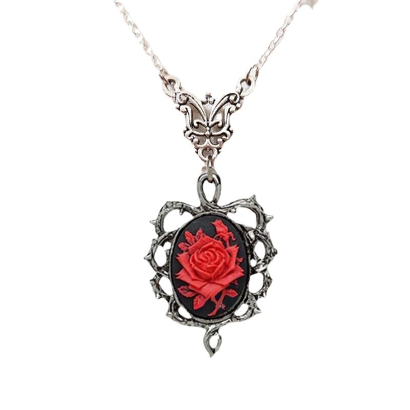 Gothic Red Rose Cameo Choker Necklace Halloween Cosplay Jewelry Adjustable Pendant Necklace Victorian Necklace Jewelry