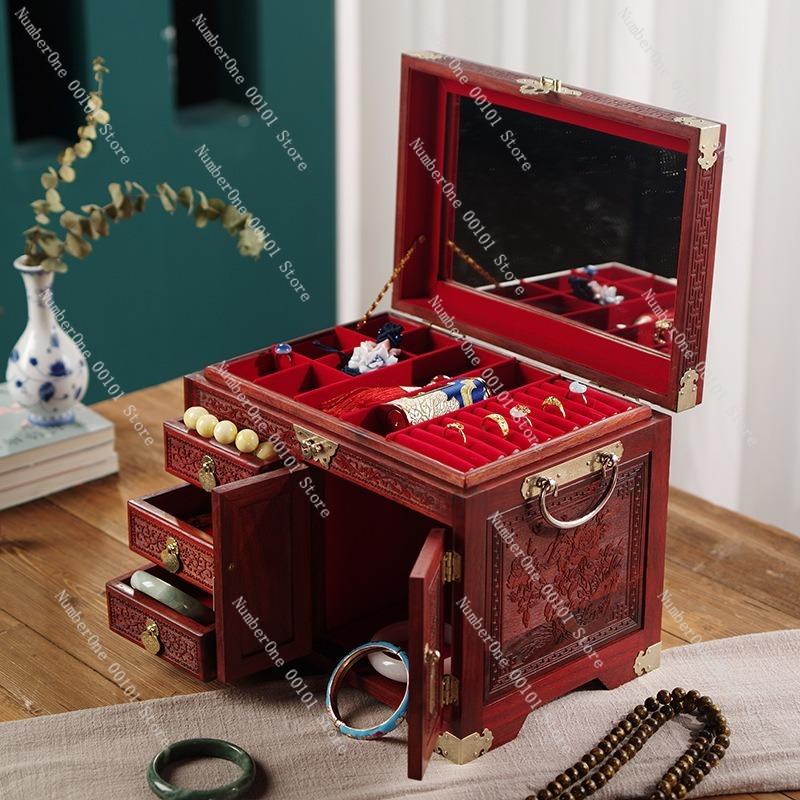 Exquisite Rosewood Jewelry Box, Chinese Wedding Jewelry Box with Lock, Retro Storage Box for Precious Jewelry