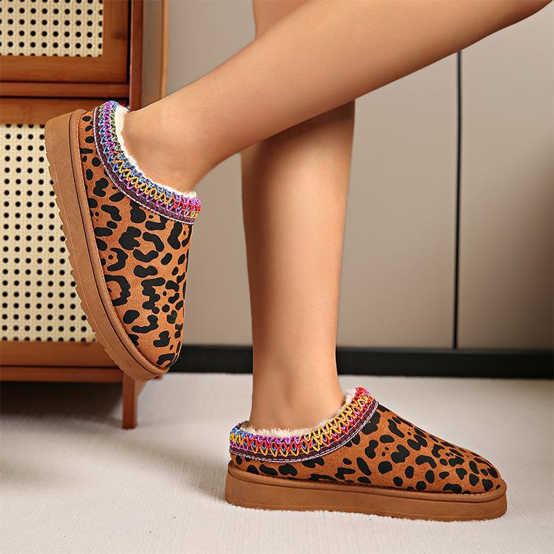 Fashion Leopard Flat Snow Boots for Women 2025 Winter Warm Comfort Thick Cotton Slippers Woman Plus Size Soft Thick-Soled Cotton Boots