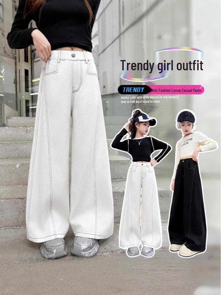 Girls' Wide-Leg Jeans - Fashionable Autumn Scimitar Pants for Middle Schoolers.