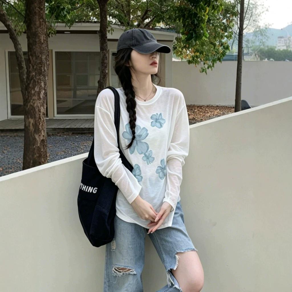 Lazy Korean Thin Loose Round Neck Sunscreen Long-sleeved T-shirt Women's Spring and Summer New Flower Print Blouse Top