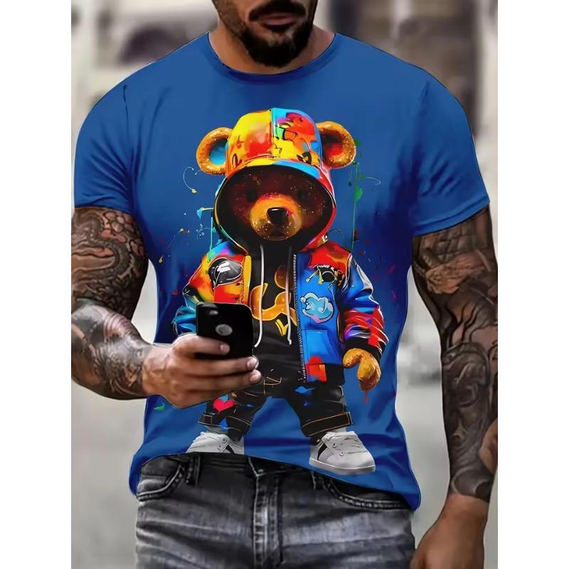 

Мужская летняя футболка Модная футболка с 3D-рисунком медведя Мультяшная цветная футболка Топ с круглым вырезом Футболка с коротким рукавом Мужская сумма 6XL