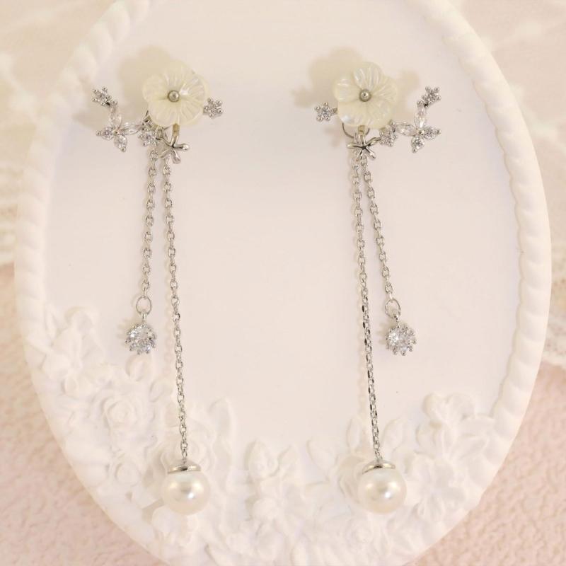 Delicate Flower Design Dangle Earrings With Simulated Pearls Chain Bridal Jewelry Glossy Gold or Silver Finish