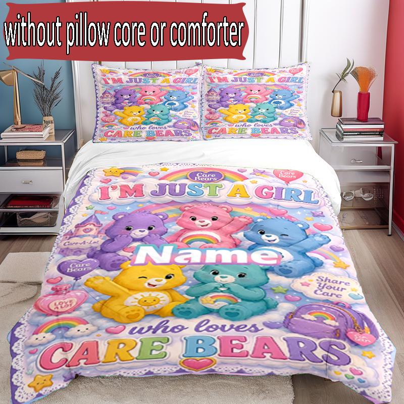 3'lü Nevresim Takımı (1*Nevresim Kılıfı + 2*Yastık Kılıfı, Çekirdeksiz), Kişiye Özel İsimli Care Bears Desenli Nevresim Takımı, Ev Yatak Odası Dekorasyon Hediyesi